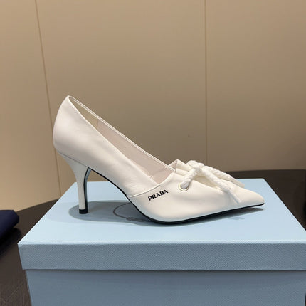 PRADA 25S POINTED TOE HIGH HEELS 85MM IN IVORY LAMBSKIN WITH TIE UP DESIGN