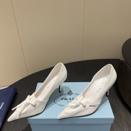 PRADA 25S POINTED TOE HIGH HEELS 85MM IN IVORY LAMBSKIN WITH TIE UP DESIGN