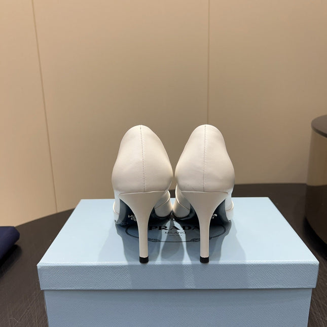 PRADA 25S POINTED TOE HIGH HEELS 85MM IN IVORY LAMBSKIN WITH TIE UP DESIGN