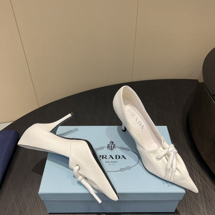 PRADA 25S POINTED TOE HIGH HEELS 85MM IN IVORY LAMBSKIN WITH TIE UP DESIGN