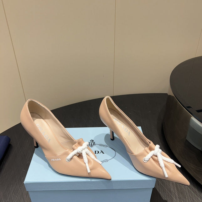 PRADA 25S POINTED TOE HIGH HEELS 85MM IN BEIGE LAMBSKIN WITH TIE UP DESIGN