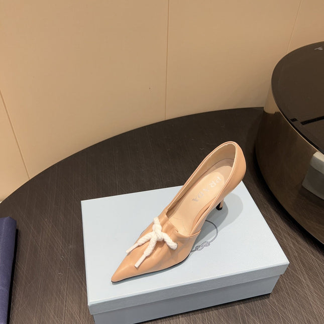 PRADA 25S POINTED TOE HIGH HEELS 85MM IN BEIGE LAMBSKIN WITH TIE UP DESIGN
