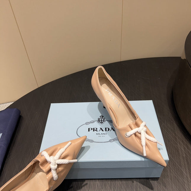 PRADA 25S POINTED TOE HIGH HEELS 85MM IN BEIGE LAMBSKIN WITH TIE UP DESIGN