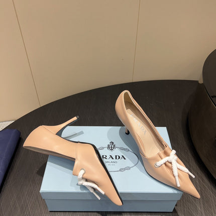 PRADA 25S POINTED TOE HIGH HEELS 85MM IN BEIGE LAMBSKIN WITH TIE UP DESIGN
