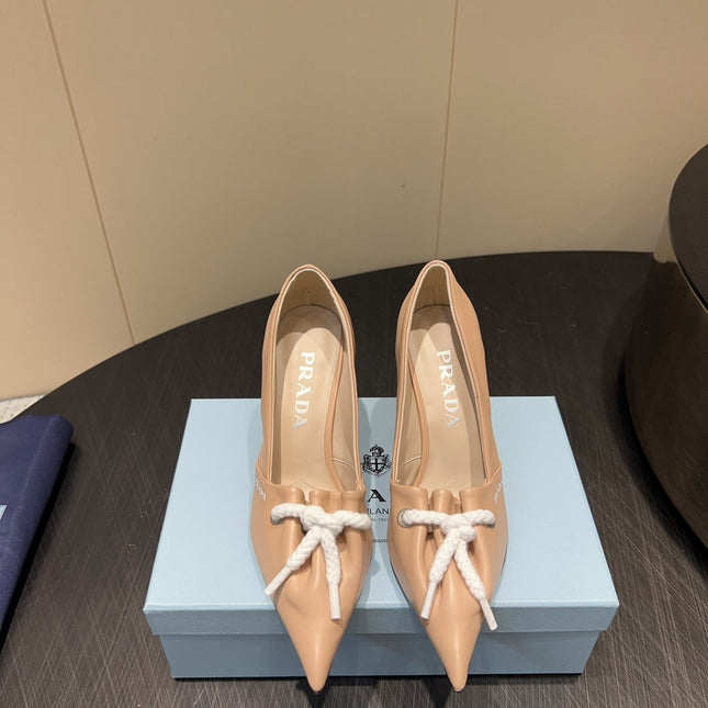 PRADA 25S POINTED TOE HIGH HEELS 85MM IN BEIGE LAMBSKIN WITH TIE UP DESIGN