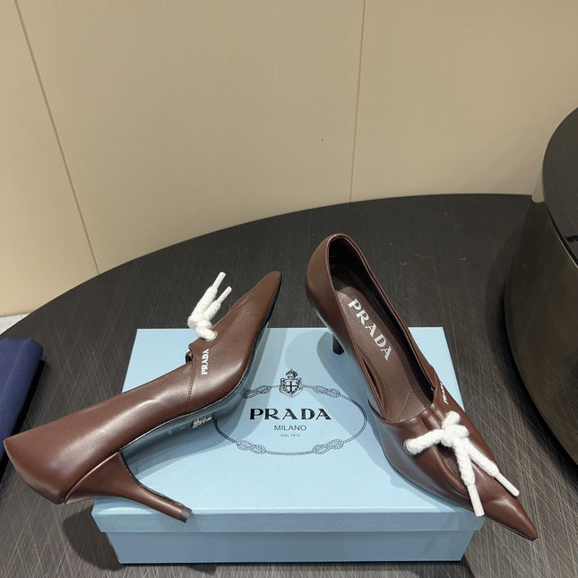 PRADA 25S POINTED TOE HIGH HEELS 85MM IN DARK BROWN LAMBSKIN WITH TIE UP DESIGN