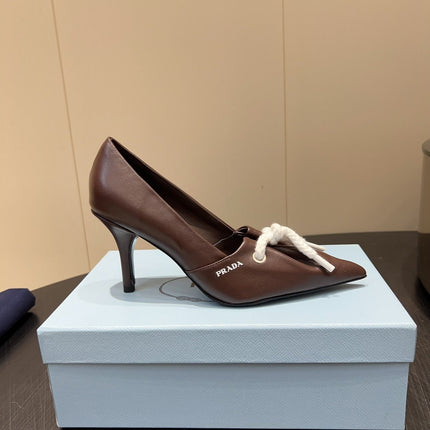 PRADA 25S POINTED TOE HIGH HEELS 85MM IN DARK BROWN LAMBSKIN WITH TIE UP DESIGN