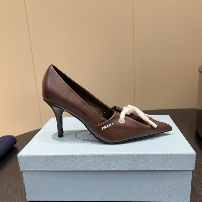 PRADA 25S POINTED TOE HIGH HEELS 85MM IN DARK BROWN LAMBSKIN WITH TIE UP DESIGN