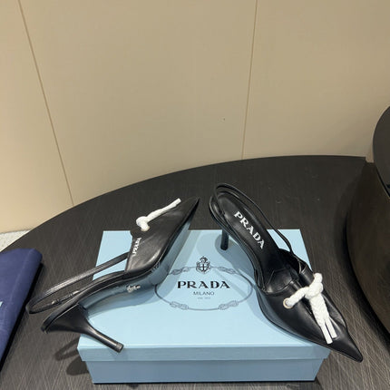 PRADA 25S POINTED TOE SLINGBACK 85MM IN BLACK LAMBSKIN WITH TIE UP DESIGN