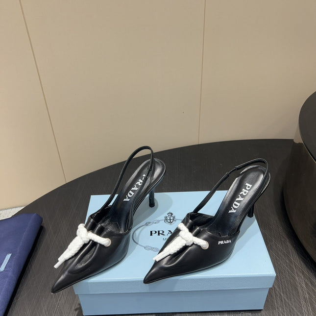 PRADA 25S POINTED TOE SLINGBACK 85MM IN BLACK LAMBSKIN WITH TIE UP DESIGN