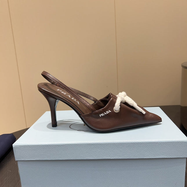 PRADA 25S POINTED TOE SLINGBACK 85MM IN DARK BROWN LAMBSKIN WITH TIE UP DESIGN
