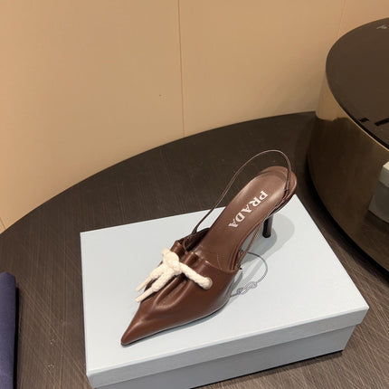 PRADA 25S POINTED TOE SLINGBACK 85MM IN DARK BROWN LAMBSKIN WITH TIE UP DESIGN