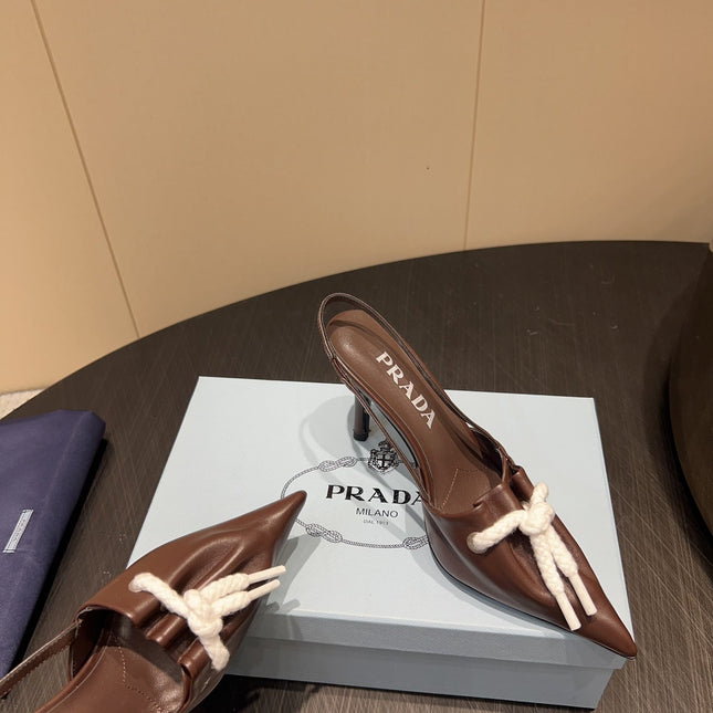 PRADA 25S POINTED TOE SLINGBACK 85MM IN DARK BROWN LAMBSKIN WITH TIE UP DESIGN