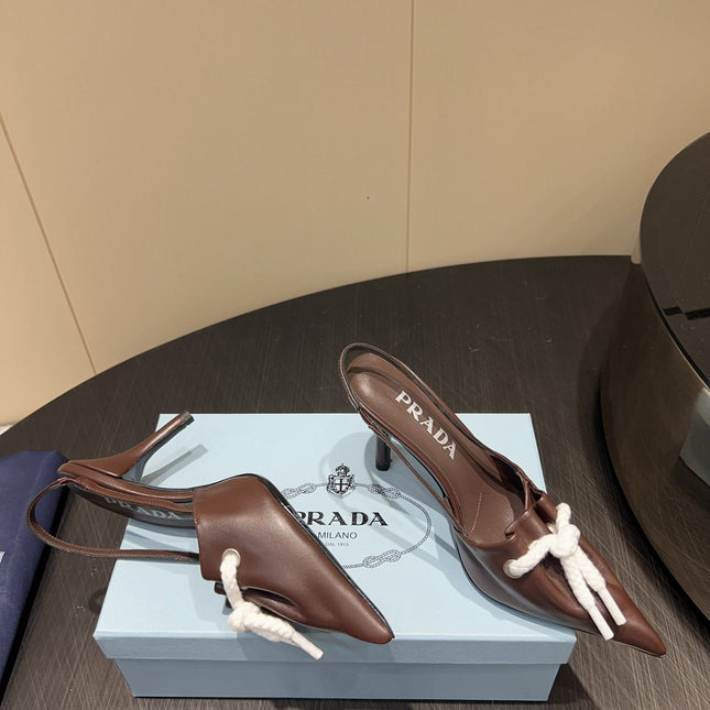 PRADA 25S POINTED TOE SLINGBACK 85MM IN DARK BROWN LAMBSKIN WITH TIE UP DESIGN