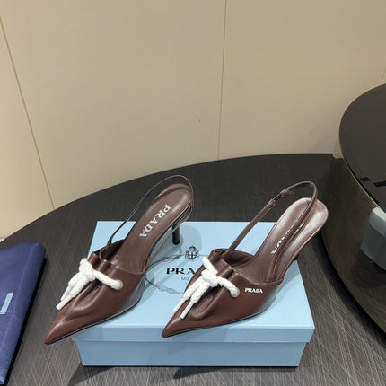 PRADA 25S POINTED TOE SLINGBACK 85MM IN DARK BROWN LAMBSKIN WITH TIE UP DESIGN