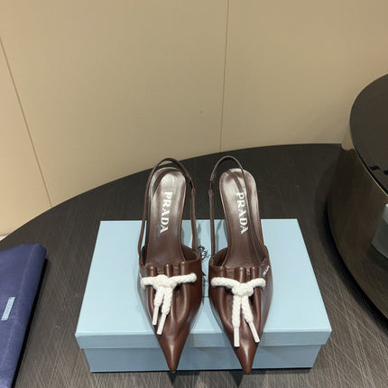 PRADA 25S POINTED TOE SLINGBACK 85MM IN DARK BROWN LAMBSKIN WITH TIE UP DESIGN