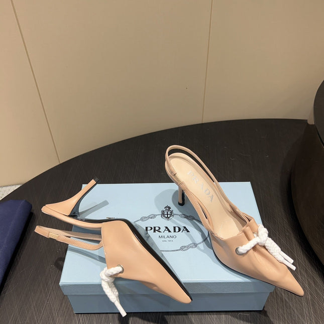 PRADA 25S POINTED TOE SLINGBACK 85MM IN BEIGE LAMBSKIN WITH TIE UP DESIGN