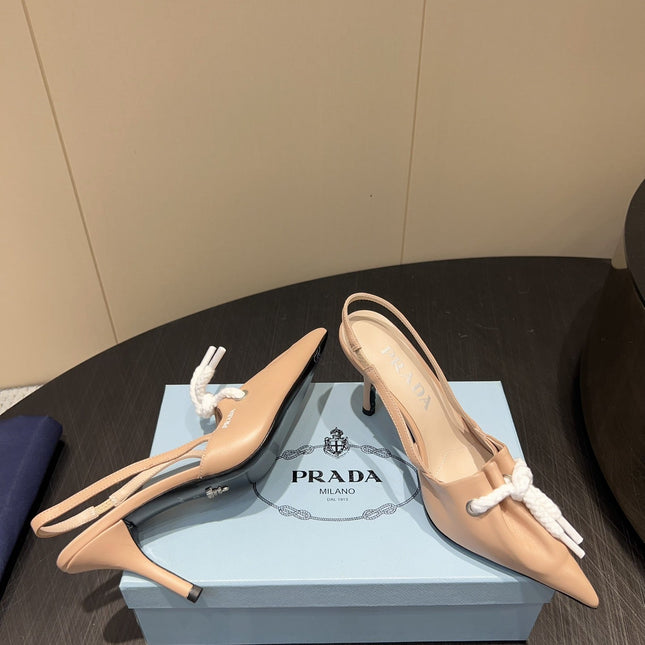 PRADA 25S POINTED TOE SLINGBACK 85MM IN BEIGE LAMBSKIN WITH TIE UP DESIGN
