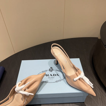 PRADA 25S POINTED TOE SLINGBACK 85MM IN BEIGE LAMBSKIN WITH TIE UP DESIGN