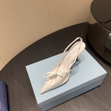 PRADA 25S POINTED TOE SLINGBACK 85MM IN WHITE LAMBSKIN WITH TIE UP DESIGN