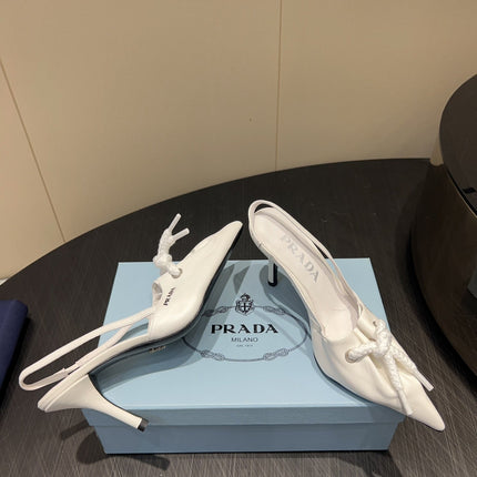 PRADA 25S POINTED TOE SLINGBACK 85MM IN WHITE LAMBSKIN WITH TIE UP DESIGN