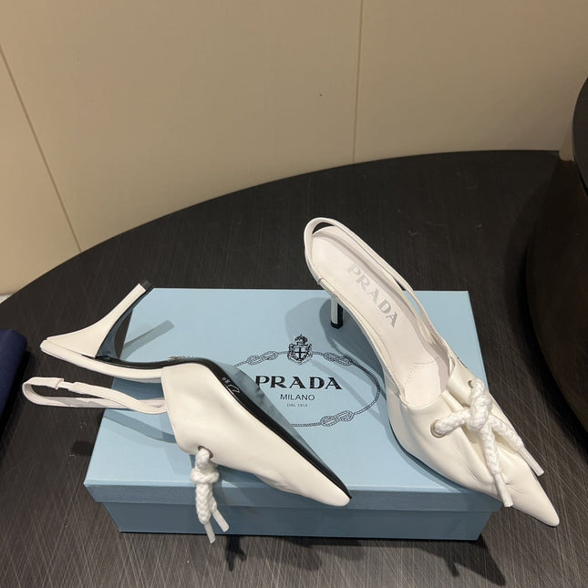 PRADA 25S POINTED TOE SLINGBACK 85MM IN WHITE LAMBSKIN WITH TIE UP DESIGN