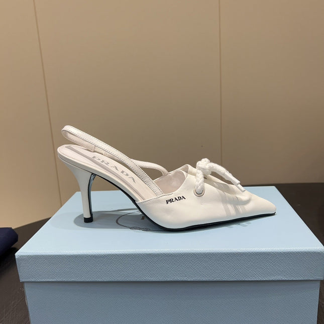 PRADA 25S POINTED TOE SLINGBACK 85MM IN WHITE LAMBSKIN WITH TIE UP DESIGN