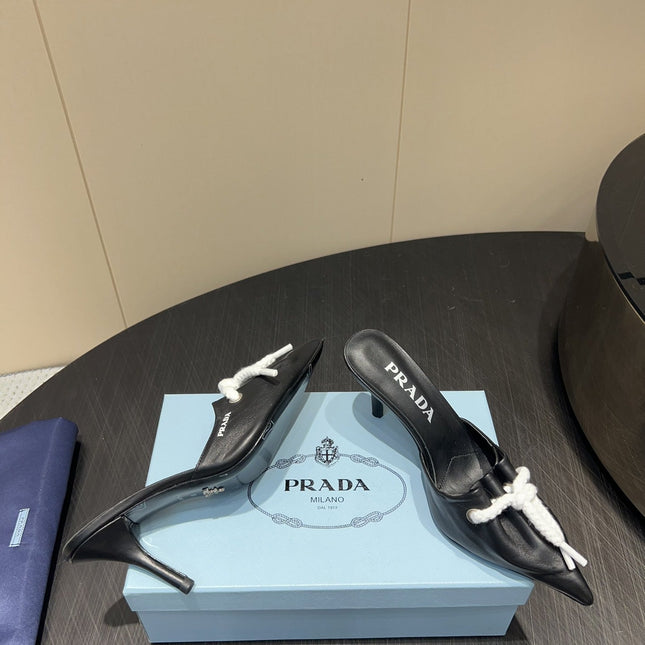 PRADA 25S BRAIDED DETAIL MULES 85MM IN BLACK CALFSKIN