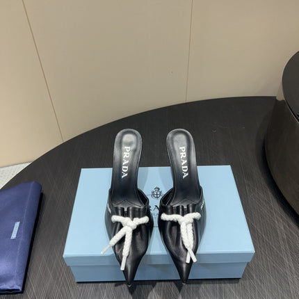 PRADA 25S BRAIDED DETAIL MULES 85MM IN BLACK CALFSKIN