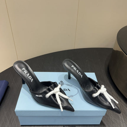 PRADA 25S BRAIDED DETAIL MULES 85MM IN BLACK CALFSKIN