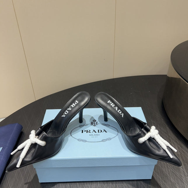 PRADA 25S BRAIDED DETAIL MULES 85MM IN BLACK CALFSKIN