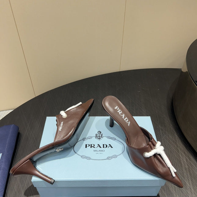 PRADA 25S BRAIDED DETAIL MULES 85MM IN DARK BROWN CALFSKIN