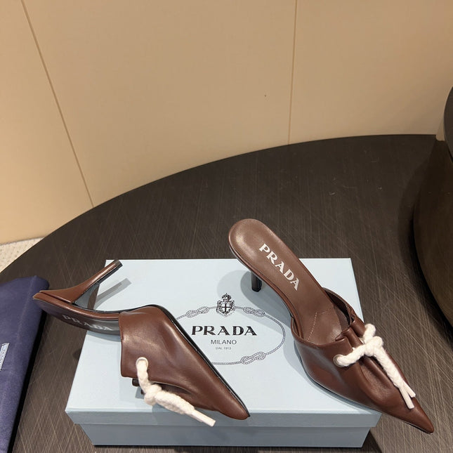 PRADA 25S BRAIDED DETAIL MULES 85MM IN DARK BROWN CALFSKIN