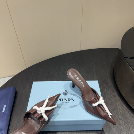 PRADA 25S BRAIDED DETAIL MULES 85MM IN DARK BROWN CALFSKIN