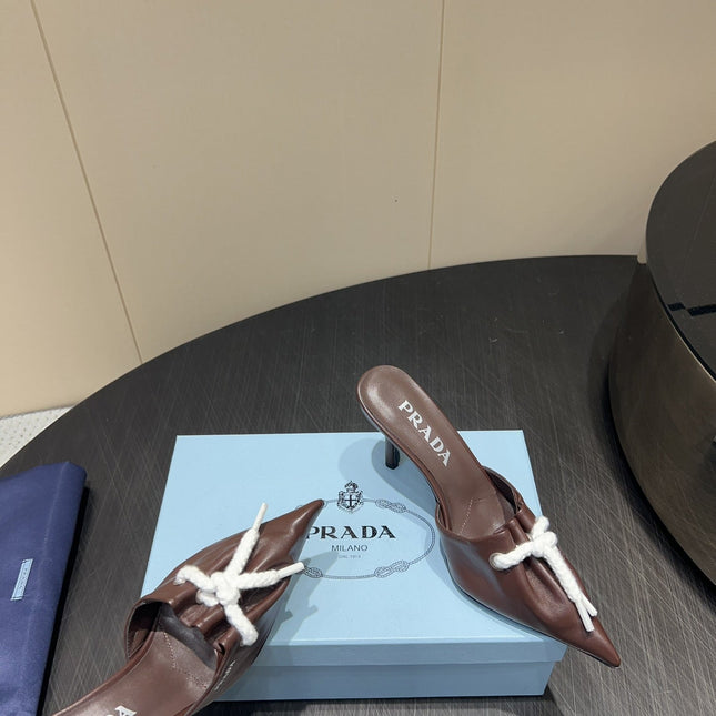 PRADA 25S BRAIDED DETAIL MULES 85MM IN DARK BROWN CALFSKIN