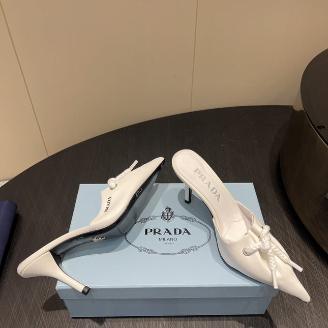 PRADA 25S BRAIDED DETAIL MULES 85MM IN WHITE CALFSKIN