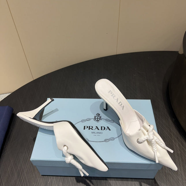PRADA 25S BRAIDED DETAIL MULES 85MM IN WHITE CALFSKIN
