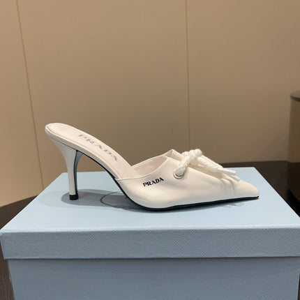 PRADA 25S BRAIDED DETAIL MULES 85MM IN WHITE CALFSKIN