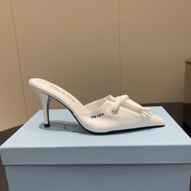 PRADA 25S BRAIDED DETAIL MULES 85MM IN WHITE CALFSKIN