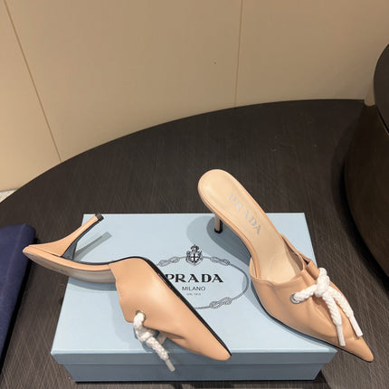 PRADA 25S BRAIDED DETAIL MULES 85MM IN BEIGE CALFSKIN