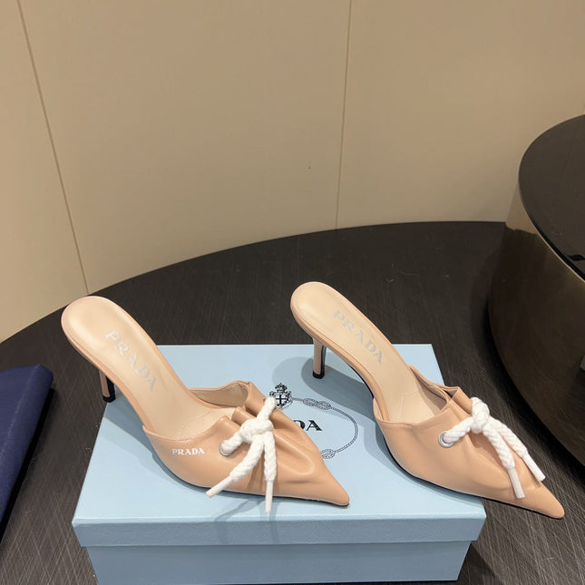 PRADA 25S BRAIDED DETAIL MULES 85MM IN BEIGE CALFSKIN