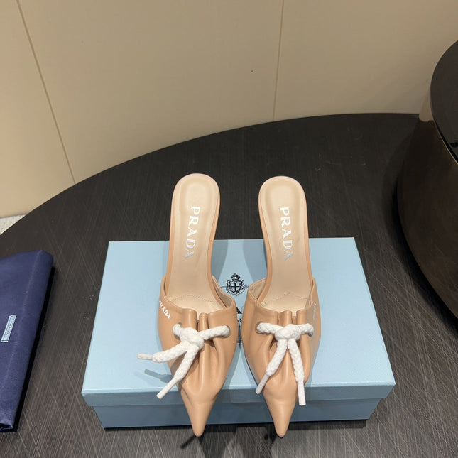 PRADA 25S BRAIDED DETAIL MULES 85MM IN BEIGE CALFSKIN