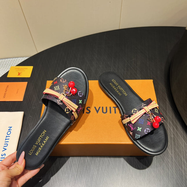 LV SLIDE SANDALS LOGO PRINT 25S IN BLACK CALFSKIN WITH CHERRY BLOSSOM BUCKLE