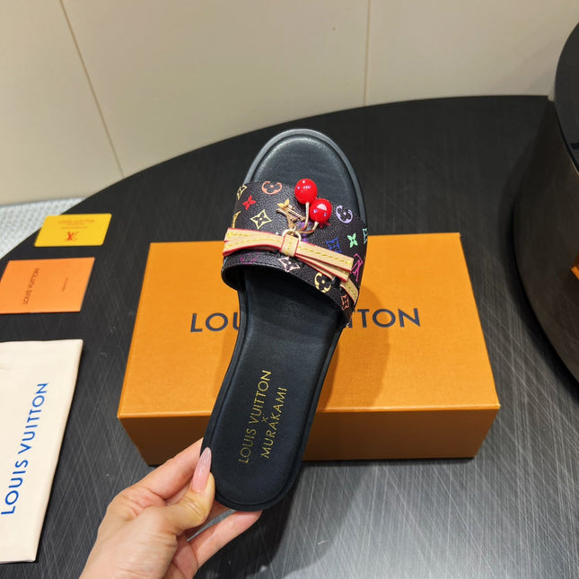 LV SLIDE SANDALS LOGO PRINT 25S IN BLACK CALFSKIN WITH CHERRY BLOSSOM BUCKLE