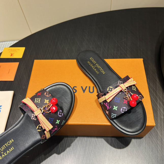 LV SLIDE SANDALS LOGO PRINT 25S IN BLACK CALFSKIN WITH CHERRY BLOSSOM BUCKLE