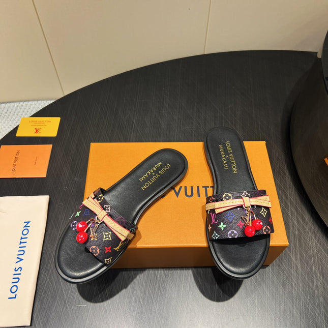 LV SLIDE SANDALS LOGO PRINT 25S IN BLACK CALFSKIN WITH CHERRY BLOSSOM BUCKLE