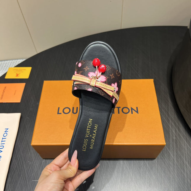 LV SLIDE SANDALS 25S IN DARK BROWN AND BLACK CALFSKIN WITH CHERRY BLOSSOM BUCKLE