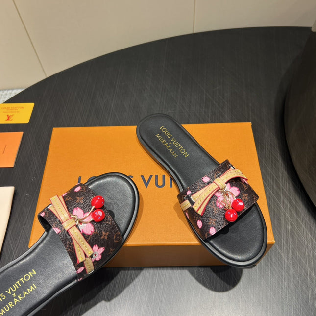 LV SLIDE SANDALS 25S IN DARK BROWN AND BLACK CALFSKIN WITH CHERRY BLOSSOM BUCKLE