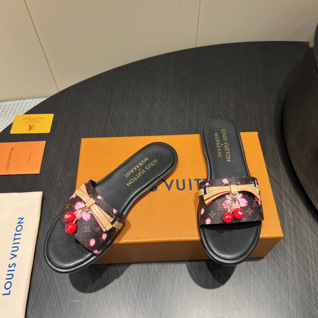 LV SLIDE SANDALS 25S IN DARK BROWN AND BLACK CALFSKIN WITH CHERRY BLOSSOM BUCKLE