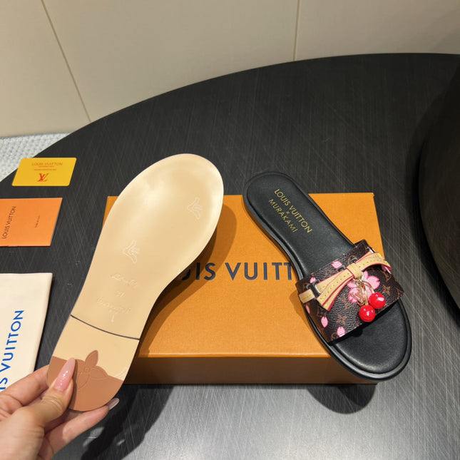 LV SLIDE SANDALS 25S IN DARK BROWN AND BLACK CALFSKIN WITH CHERRY BLOSSOM BUCKLE
